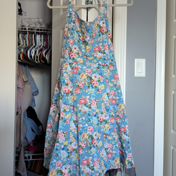 Handmade Vintage Floral Halter Dress XL / 2XL – Retro Fit & Flare with Tulle Hem - Picture 2 of 9